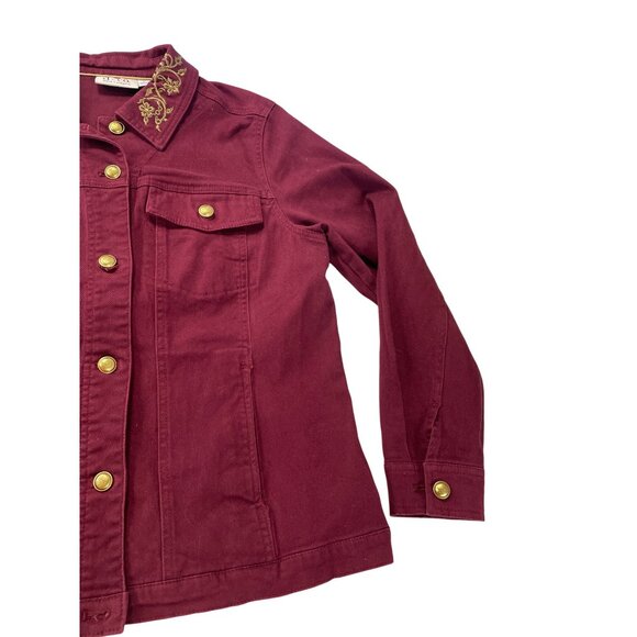 Denim Co. Womens Red Embroidered Gold Buttons Denim Jacket Size S SKU 9458 - Picture 6 of 16